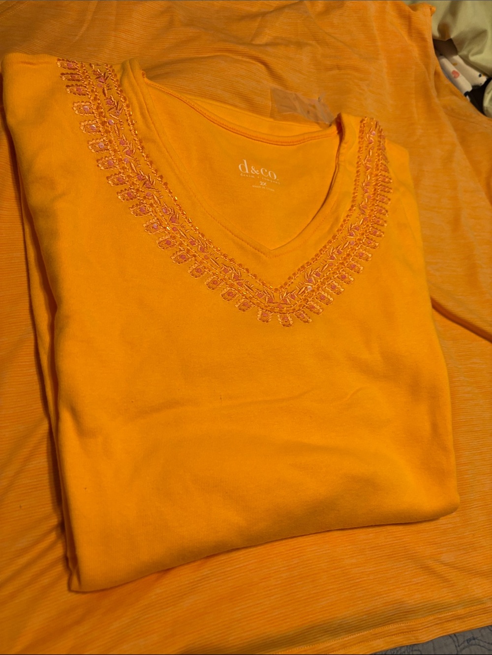 Denim & Co. Embroidered Beaded V-Neck Top Sz 2X Orange Yellow Plus